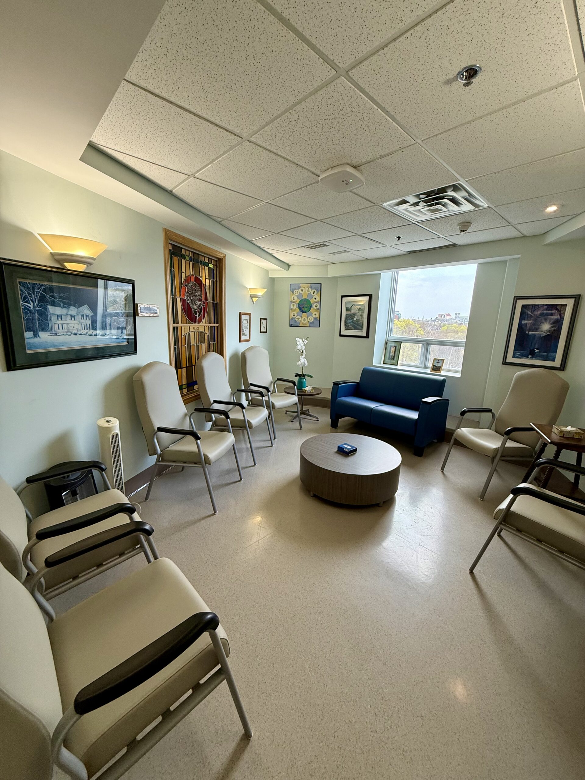 Renovated palliative care family lounge with seating at the Dr. L.A. Miller Centre