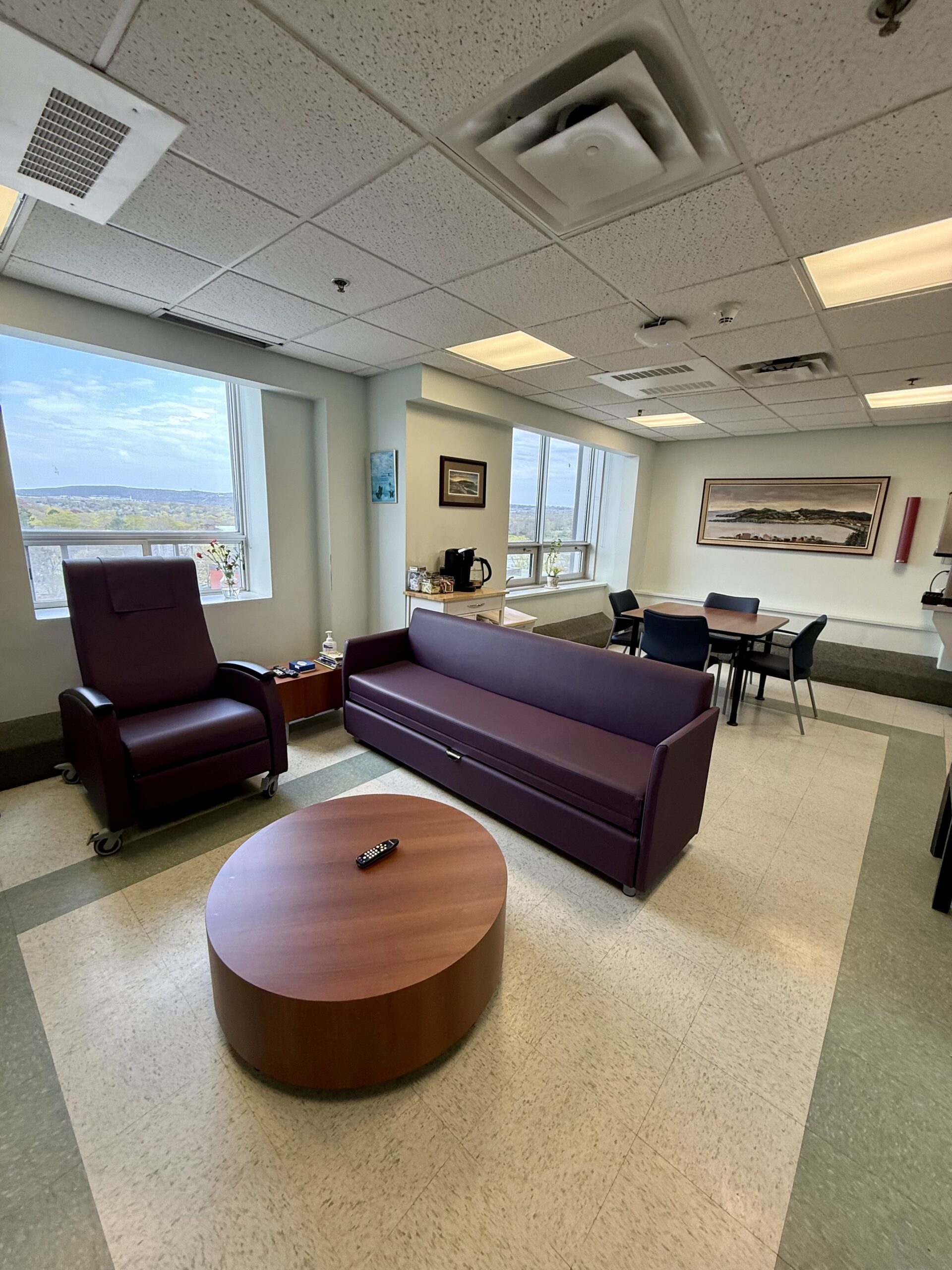 Renovated palliative care family lounge with seating at the Dr. L.A. Miller Centre