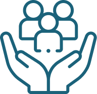 Icon of open hands holding a family, representing patients